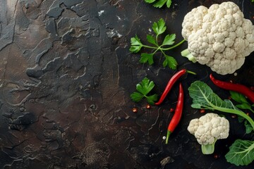 Wall Mural - Fresh whole raw organic white cauliflower on dark stone vintage background table, ready to be cooked, top view. Vegetarian food, clean eating concept .