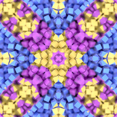 Aufkleber - Digital illustration featuring a symmetrical kaleidoscopic pattern of small multicolored cubes. 3d rendering