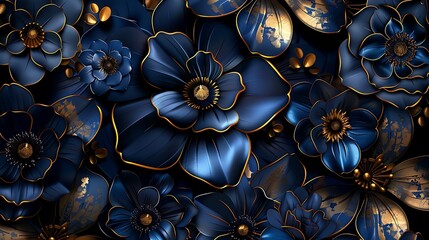 Wall Mural - Luxury dark background featuring blue and golden flowers, intricate 3D floral wallpaper design, elegant vector illustration.