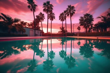 Wall Mural - Palm trees and sunset beach reflection outdoors nature.