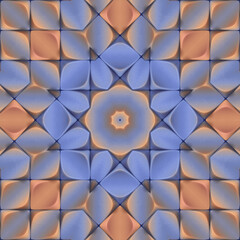 Aufkleber - Digital illustration of a symmetrical, kaleidoscopic, intricate pattern in orange, blue and cream. 3d rendering