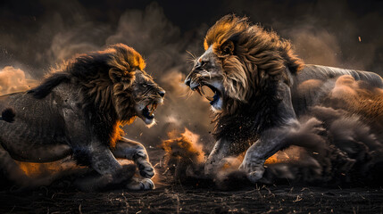 Wall Mural - Two lion fighting and attacking on each other