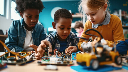 Wall Mural - Three children engaged in a collaborative STEM activity, assembling and experimenting with electronics and robotics in a classroom setting.