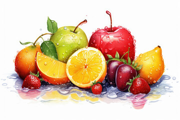 generated illustration of fresh fruits splashing into clear water