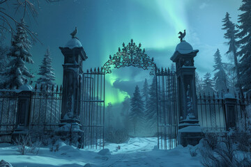 Canvas Print - A gate with a large archway in the middle of a snowy forest