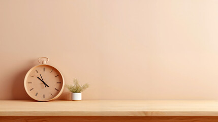 Poster - Minimalist interior design is featuring a clock and a plant resting on an empty shelf with a peach wall in the background