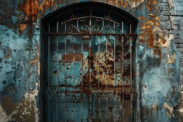 Sticker - A rusted gate with a blue door