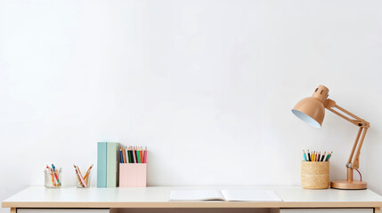 Aufkleber - Clean and organized desk is awaiting, featuring a lamp, stationery, and an open notebook, inviting a productive work or study session