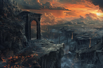 Canvas Print - A dark and ominous landscape with a large gate in the middle