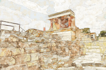 Wall Mural - Watercolor art of Knossos Palace, Crete, Greece