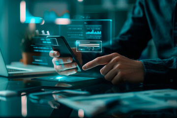 Wall Mural - futuristic digital interaction with smartphone and holographic interface