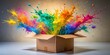 © Adisorn - Vibrant colorful ink splashes burst out of a ripped open cardboard box, symbolizing creative out of the box thinking and innovative problem-solving ideas.