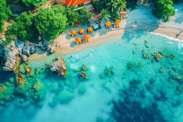 Wall Mural - Tourists enjoying luxurious vacations at tropical resort, aerial view of idyllic beach