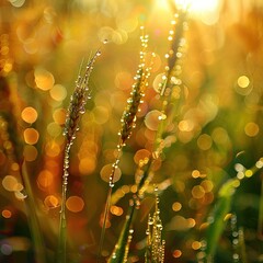 Sticker - Dewdrops resting on young wheat in a field with warm and soft golden morning sunlight blurring in the background.