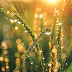 Sticker - Dewdrops resting on young wheat in a field with warm and soft golden morning sunlight blurring in the background.