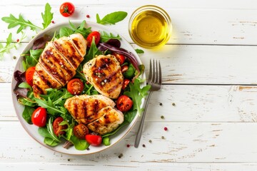 Poster - Healthy green vegetable salad with grilled chicken breast fillet on ceramic plate with olive oil on the side on white wooden kitchen table top view flat lay, diet food concept with space for text.