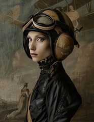 Wall Mural - Woman wearing a leather helmet worn by World War II pilots. Creative image