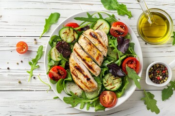 Poster - Healthy green vegetable salad with grilled chicken breast fillet on ceramic plate with olive oil on the side on white wooden kitchen table top view flat lay, diet food and clean eating concept.