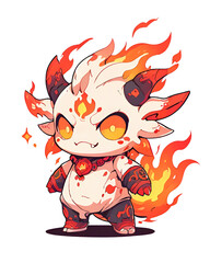 Wall Mural - A cartoonish creature with horns and a red face stands in front of a fire