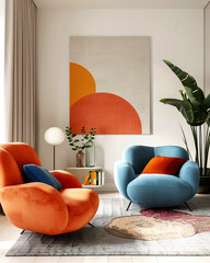 Poster - Minimalist interior design of modern living room with vibrant colorful multicolored armchairs.