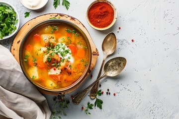 Poster - Salmon soup with potatoes, carrot, cream. Scandinavian/Norwegian fish soup in bowl, cutting board, spoon, rustic white concrete background. Space for text. Salmon soup for dinner. Top view. Close-up