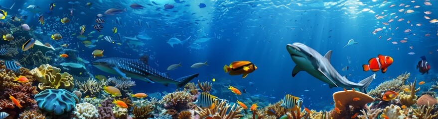 Poster - A beautiful coral reef with tropical fish is the background to this panorama. Whale sharks, Hammerhead sharks, Zebra sharks, and sea turtles were seen here.