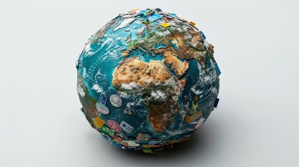 Wall Mural - This is a globe of the earth with trash on a white background, showing the concept of the ecological problem and World Environment Day. Photo with inscription and message for social marketing.