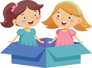 Two girls playing inside a box, enjoying imaginative play and having fun together