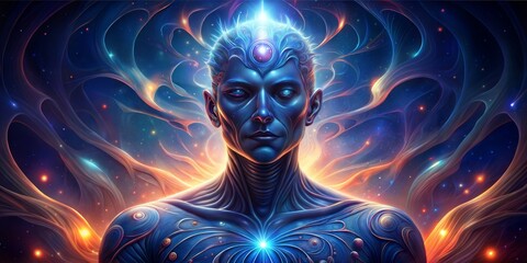 Canvas Print - man in a deep space with glowing neon lights