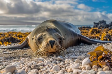 Wall Mural - A galapagos sea lion rests contendedly on a beach in the Galapogos islands. the beach is made up of pea gravel and large clumps of kelp can be seen all around.