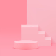 Sticker - Pink 3d showroom podium pedestal with stairs for presentation realistic vector illustration