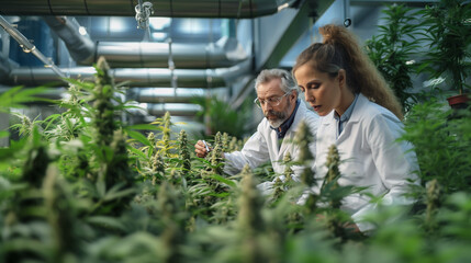 Wall Mural - scientist with hygiene glove harvesting cannabis flower in control farming for medicine lab to make medicine