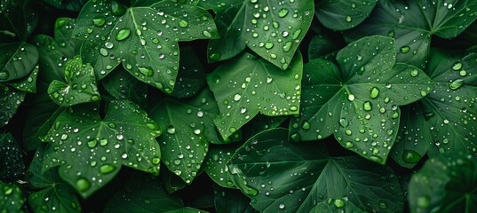 Wall Mural - The background texture of green leaves with raindrops is nature-inspired