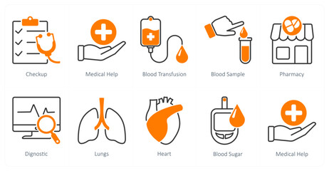 Sticker - A set of 10 Mix icons as checkup, medical help, blood transfusion