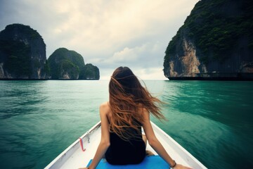 Wall Mural - Woman ocean boat watercraft.