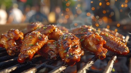 Wall Mural - Close-up of grilled chicken wings with a savory barbecue glaze, sizzling on a grill and ready for a delicious outdoor meal.