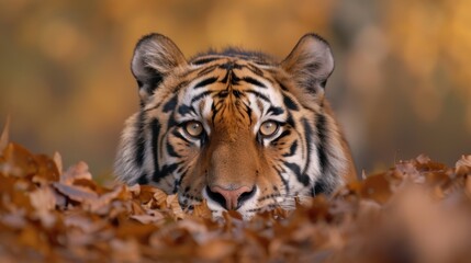 Wall Mural - Majestic tiger peeking through autumn leaves