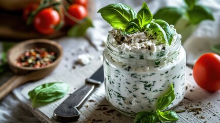 Wall Mural - Fresh yogurt with a sprig of basil on top, perfect for a healthy snack or dessert