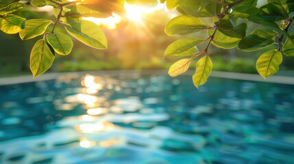 Poster - The setting sun casts a warm glow over a pool, with leafy branches framing the scene in a peaceful atmosphere.