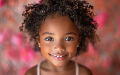 Wall Mural - A young girl with curly hair smiles at the camera, standing in front of a blurred pink background