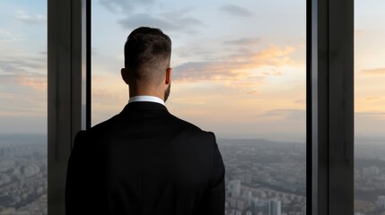 Poster - Businessman gazing out of window at cityscape during sunset