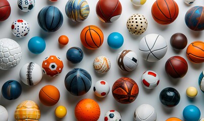 Sports balls scattered across the frame against a white background, creating a visually engaging and dynamic image