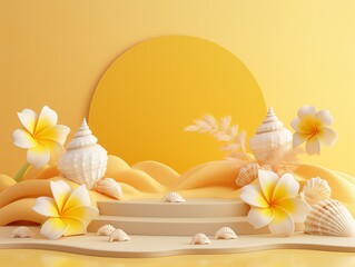 Sunny tropical display with yellow backdrop and seashells