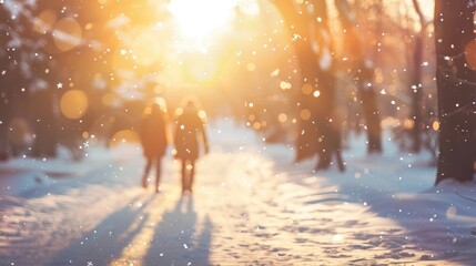 Wall Mural - Two people walking on a snowy path during sunset, with soft snowfall and warm bokeh lights creating a serene atmosphere.