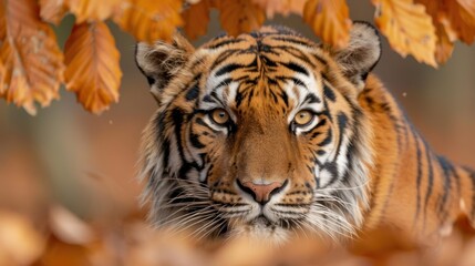 Poster - close-up of a majestic tiger in the autumn leaves