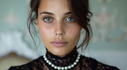 Poster - Captivating portrait of a woman with striking blue eyes