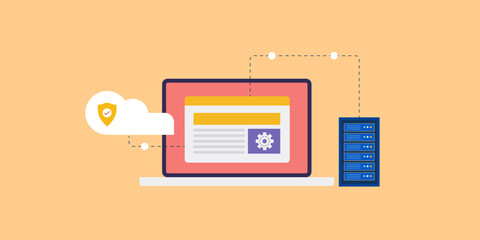 Wall Mural - web hosting technology cloud computing with data storage, managed server vector illustration.