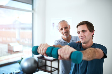 Canvas Print - Man, physiotherapy and weights for arm or healthcare, physiotherapist and clinic for sport injury recovery. Wellness, mobility support and client or muscle strength, medical dumbbells and assessment