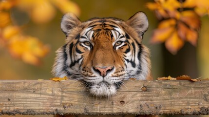 Poster - Majestic tiger peeking through autumn leaves