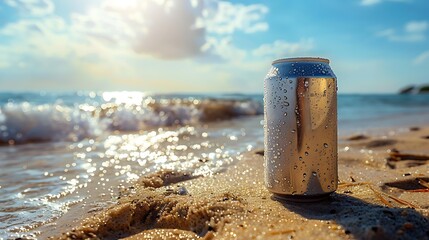 Wall Mural - a detailed image of an aerated drink can placed on a sandy beach, with waves and a sunny sky in the 